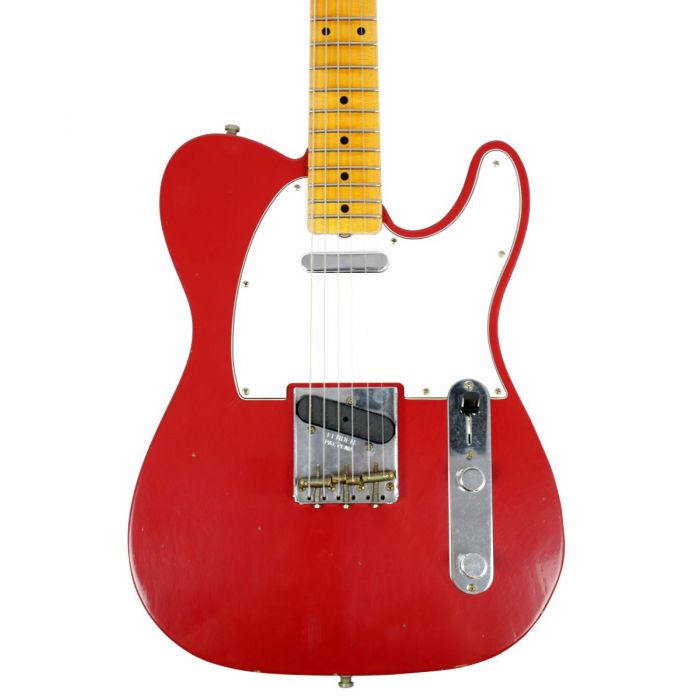 Closeup front of the body on a Fender Custom Shop Postmodern Tele Journeyman Relic MN Dakota Red