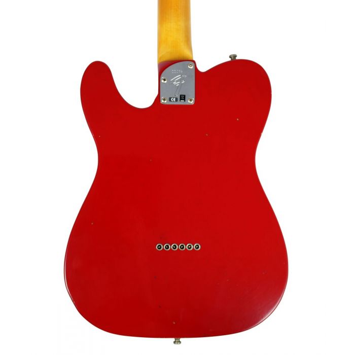 Closeup rear view of the body on a Fender Custom Shop Postmodern Tele Journeyman Relic MN Dakota Red