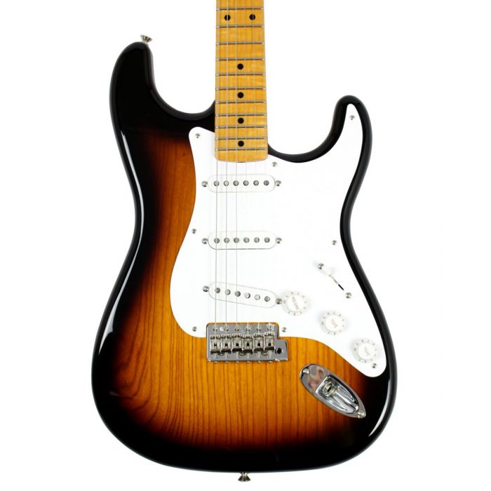 Front closeup view of the body on a Fender Custom Shop 56 Stratocaster NOS 2-Tone Sunburst