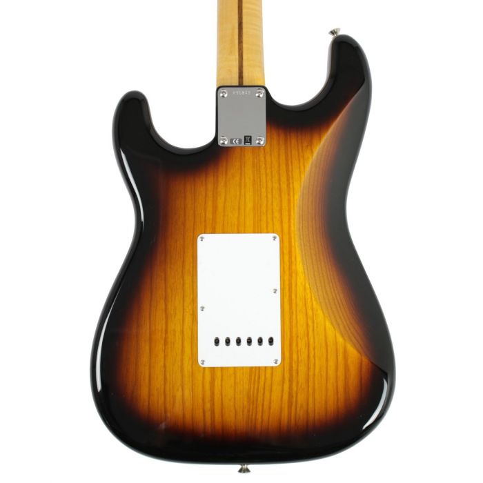 Closeup rear view of the body on a Fender Custom Shop 56 Stratocaster NOS 2-Tone Sunburst