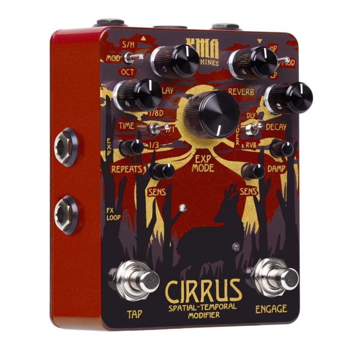 Front right angled view of a KMA Audio Machines Cirrus Delay and Reverb Pedal