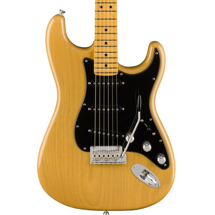 Closeup front view of the body on a Fender FSR American Professional Stratocaster Butterscotch Blonde electric guitar