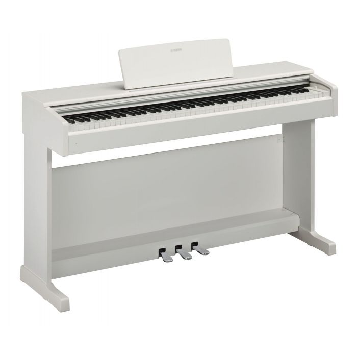 Front angled view of a Yamaha YDP-144 Arius Digital Piano in White Satin