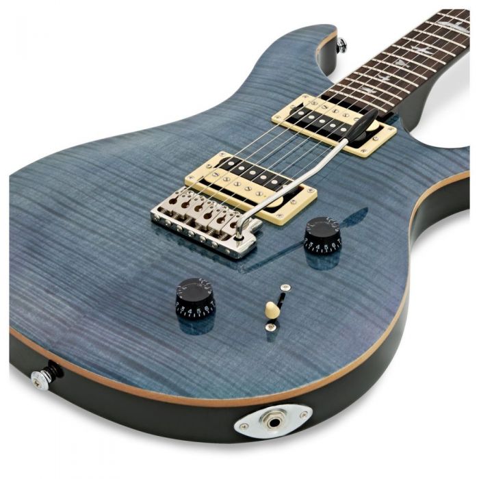 Closeup angled view of the body on a PRS SE Custom 22 Whale Blue Electric Guitar