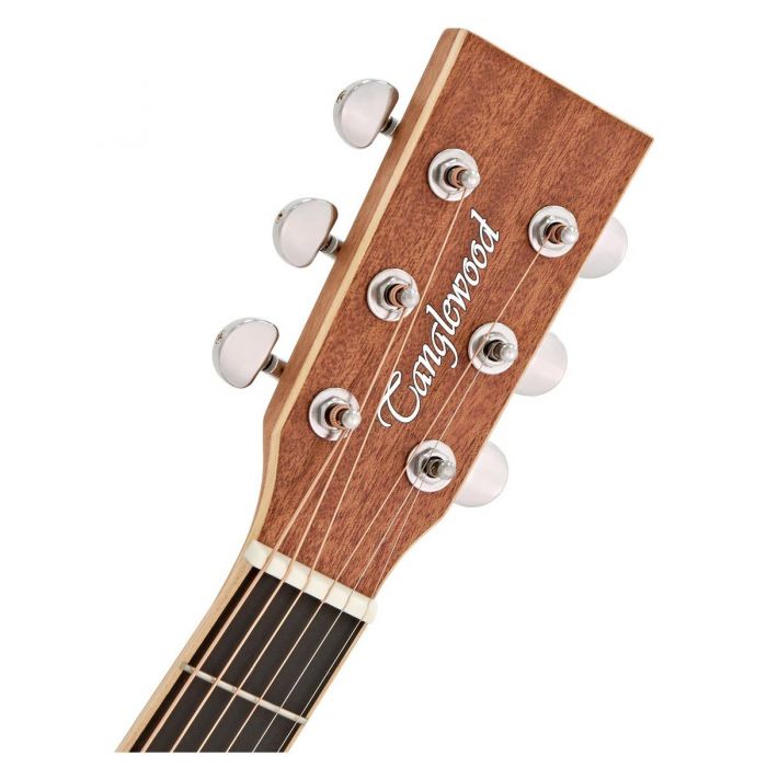 Closeup view of the headstock on a Tanglewood TWUD Dreadnought Mahogany Acoustic Guitar
