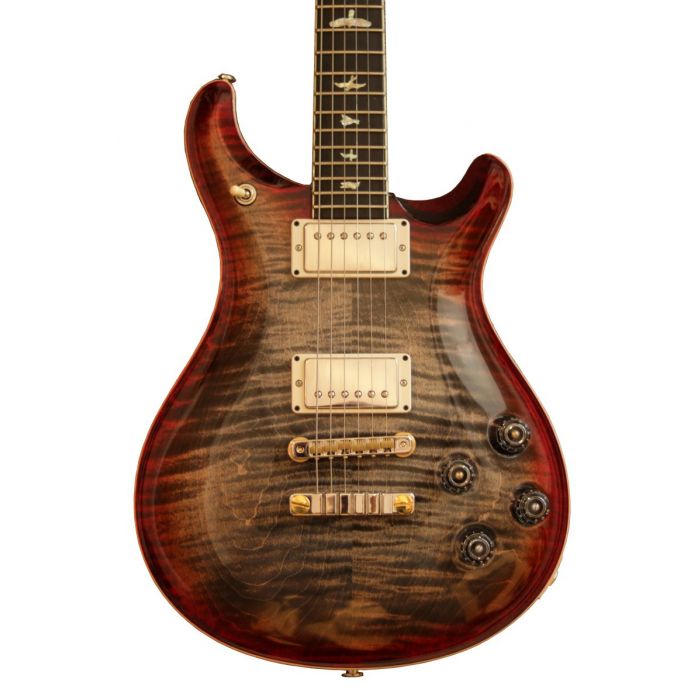 Closeup front view of the body on a PRS Ltd Edition McCarty 594 Charcoal Cherryburst Ebony Electric Guitar