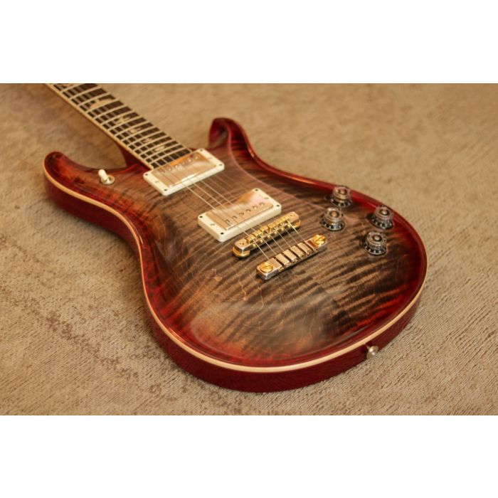 Closeup front angled view of a PRS Ltd Edition McCarty 594 Charcoal Cherryburst Ebony Electric Guitar