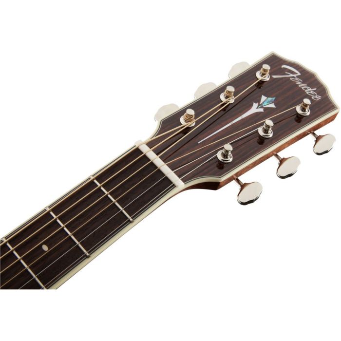 Closeup front view of the headstock on a Fender PM-1 Ltd Adirondack Dreadnought Electro Acoustic w Case