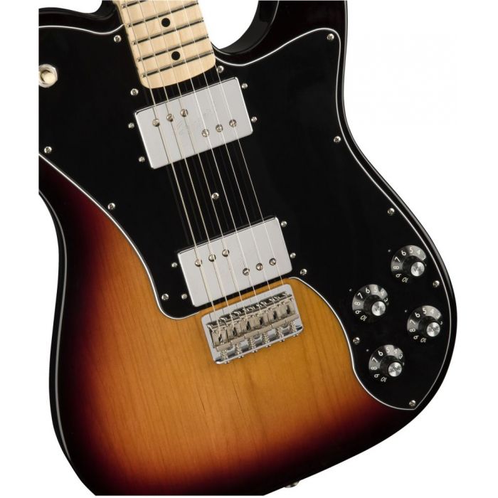 Closeup view of a Fender Classic Series 72 Telecaster Deluxe 3-Colour Sunburst's body