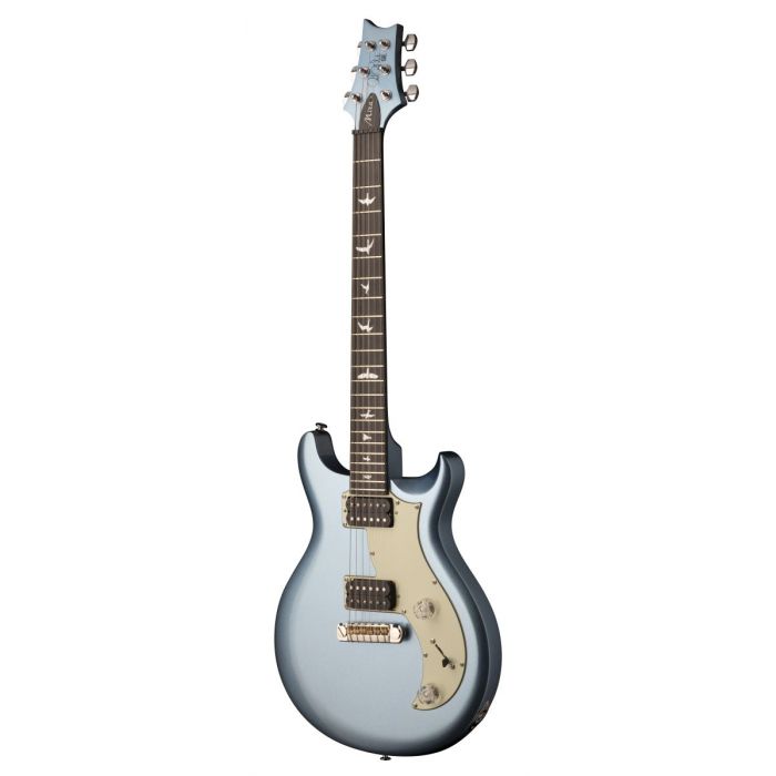 Front angled view of a PRS SE Mira Electric Guitar in Frost Blue Metallic