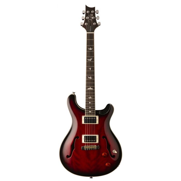 Full frontal view of a PRS SE Hollowbody Standard Fire Red Burst Electric Guitar