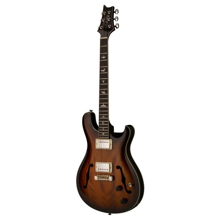 Front angled view of a PRS SE Hollowbody Standard McCarty Tobacco Sunburst Electric Guitar