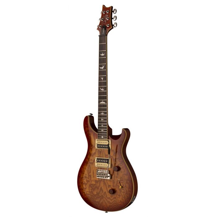 Front angled view of a PRS SE Custom 24 Burled Ash Vintage Sunburst electric guitar