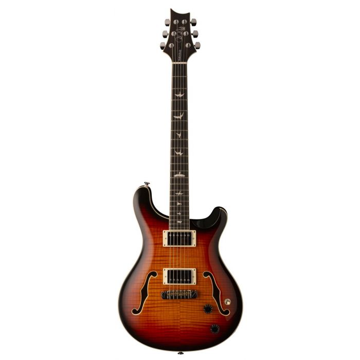 Full frontal view of a PRS SE Hollowbody II Tricolor Sunburst Guitar
