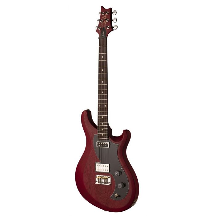 Front angled view of a PRS S2 Vela Satin Electric Guitar Vintage Cherry