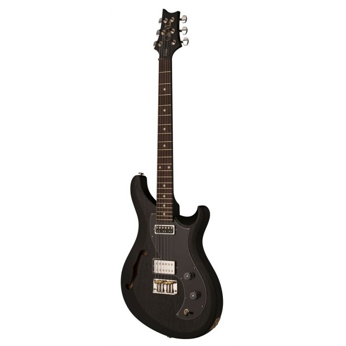 Front right angled view of a PRS S2 Vela Satin Semi Hollow Guitar Charcoal Satin