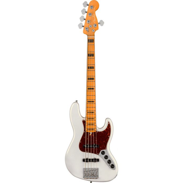 Full frontal view of a Fender American Ultra Jazz Bass V MN Arctic Pearl