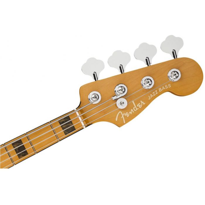 Front view of the headstock on a Fender American Ultra Jazz Bass MN Texas Tea
