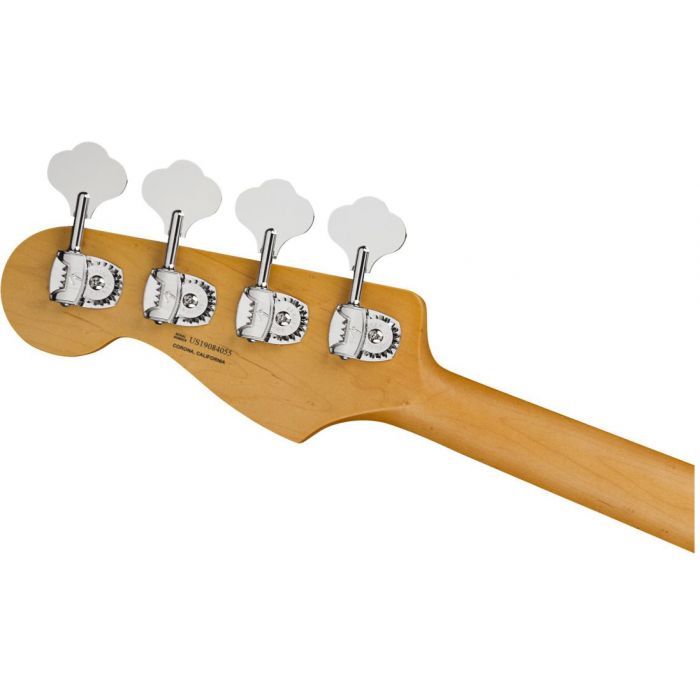 Rear closeup view of the headstock on a Fender American Ultra Jazz Bass MN Texas Tea