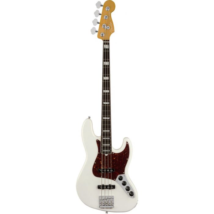 Full frontal view of a Fender American Ultra Jazz Bass RW Arctic Pearl