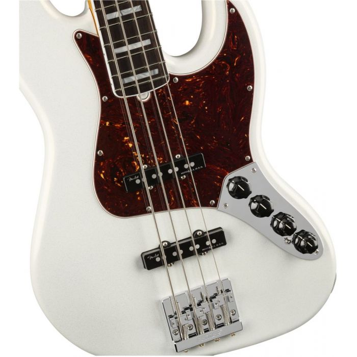 Closeup front view of a Fender American Ultra Jazz Bass RW Arctic Pearl