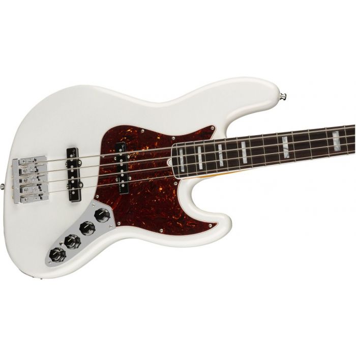 Front angled view of a Fender American Ultra Jazz Bass RW Arctic Pearl