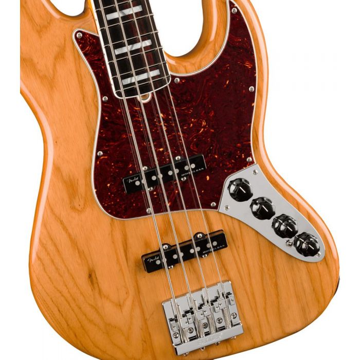Closeup front view of a Fender American Ultra Jazz Bass RW Aged Natural