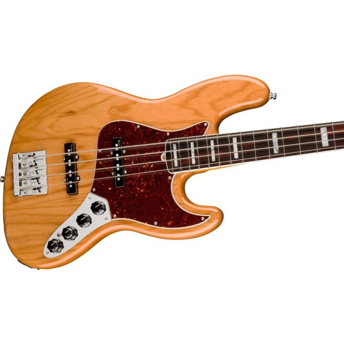 Front angled view of a Fender American Ultra Jazz Bass RW Aged Natural