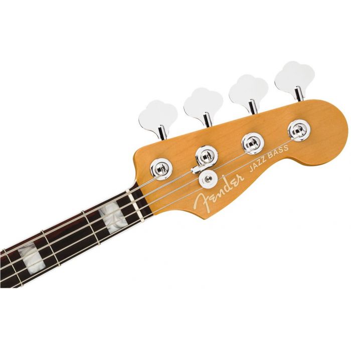 Front closeup view of the headstock on a Fender American Ultra Jazz Bass RW Aged Natural