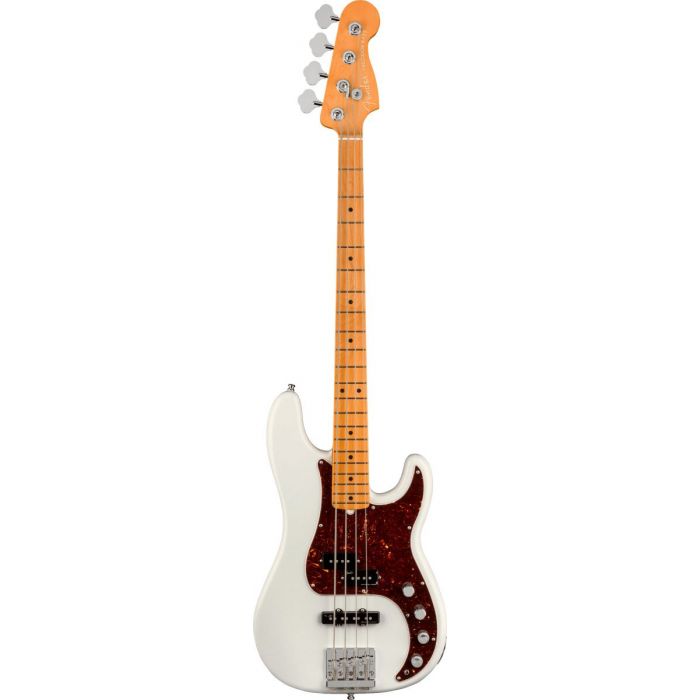 Full frontal view of a Fender American Ultra Precision Bass MN Arctic Pearl