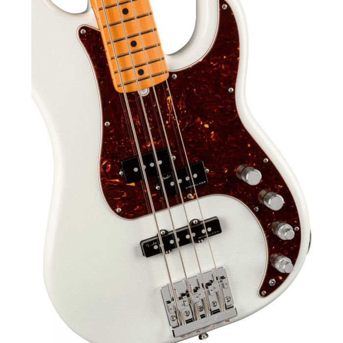 Closeup front view of a Fender American Ultra Precision Bass MN Arctic Pearl