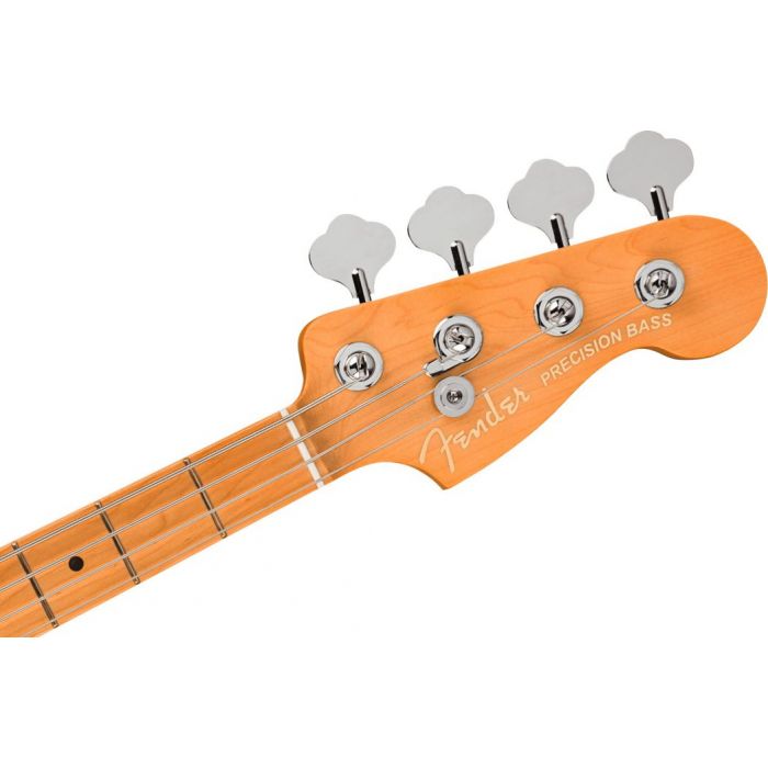 Front view of the headstock on a Fender American Ultra Precision Bass MN Arctic Pearl