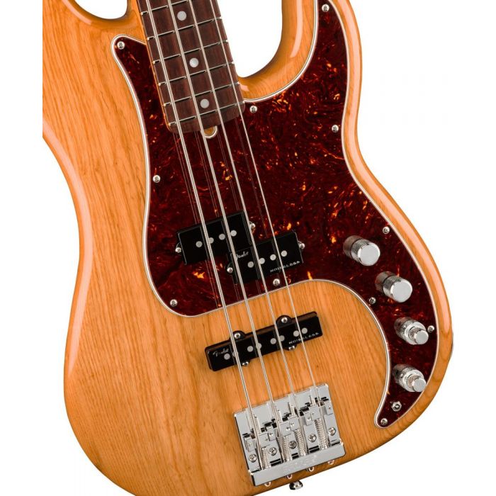 Front closeup view of a Fender American Ultra Precision Bass RW Aged Natural