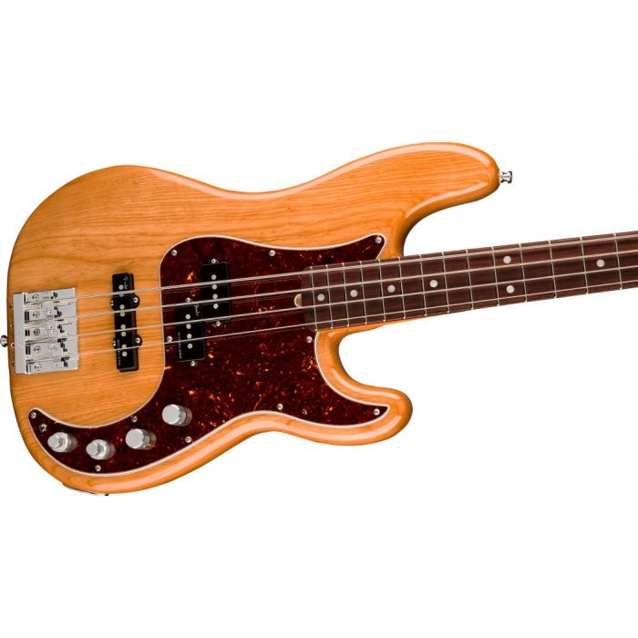 Front angled view of a Fender American Ultra Precision Bass RW Aged Natural