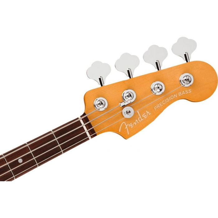 Front closeup view of the headstock on a Fender American Ultra Precision Bass RW Aged Natural