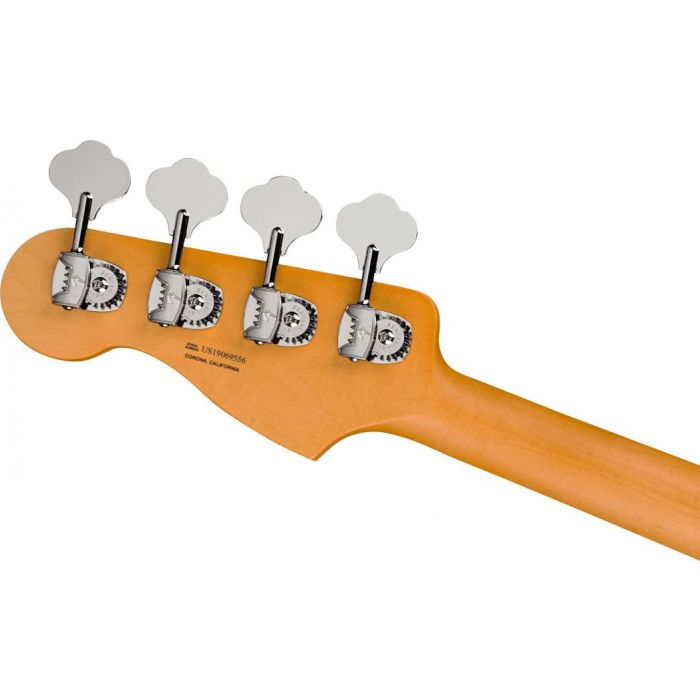 Closeup rear-sided view of the headstock on a Fender American Ultra Precision Bass RW Aged Natural