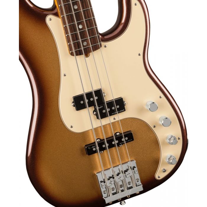 Front closeup view of a Fender American Ultra Precision Bass RW Mocha Burst