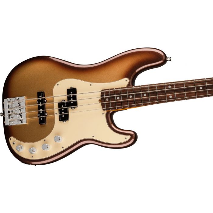 Front angled view of a Fender American Ultra Precision Bass RW Mocha Burst