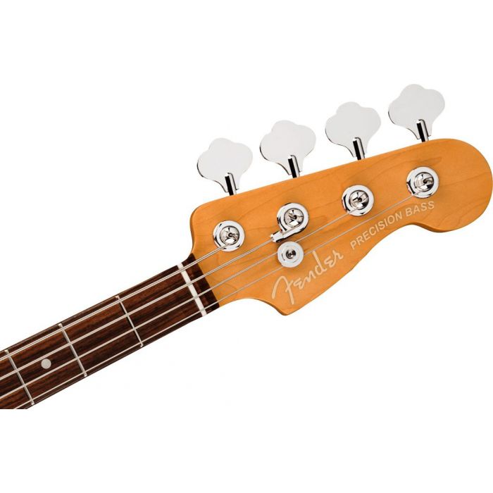 Closeup front view of the headstock on a Fender American Ultra Precision Bass RW Mocha Burst