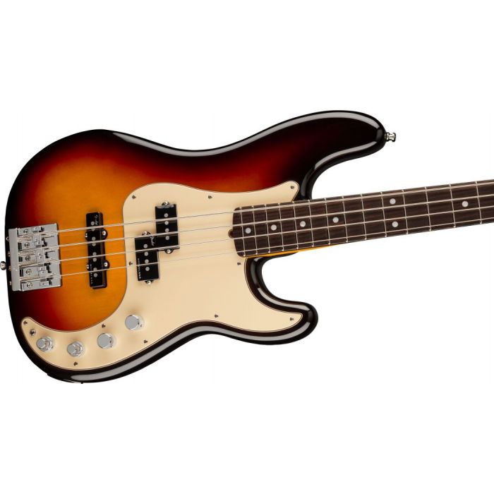 Front angled view of a Fender American Ultra Precision Bass RW Ultraburst