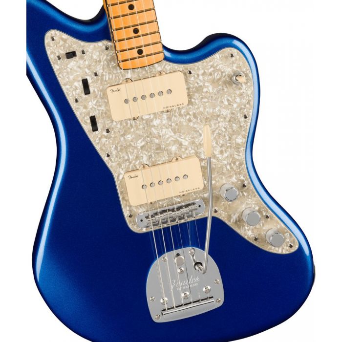 Front closeup view of a Fender American Ultra Jazzmaster MN Cobra Blue