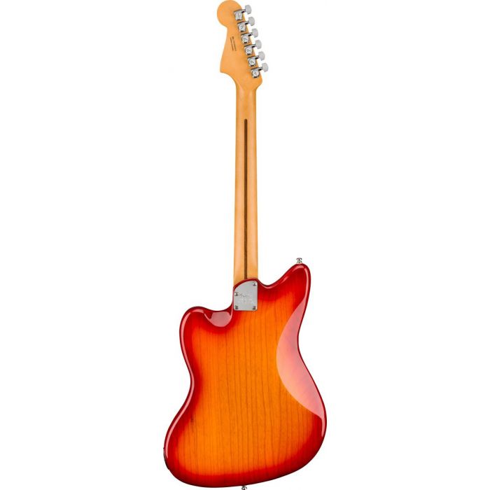 Full rear-sided view of a Fender American Ultra Jazzmaster MN Plasma Red Burst