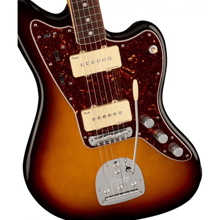 Front closeup view of a Fender American Ultra Jazzmaster RW Ultraburst