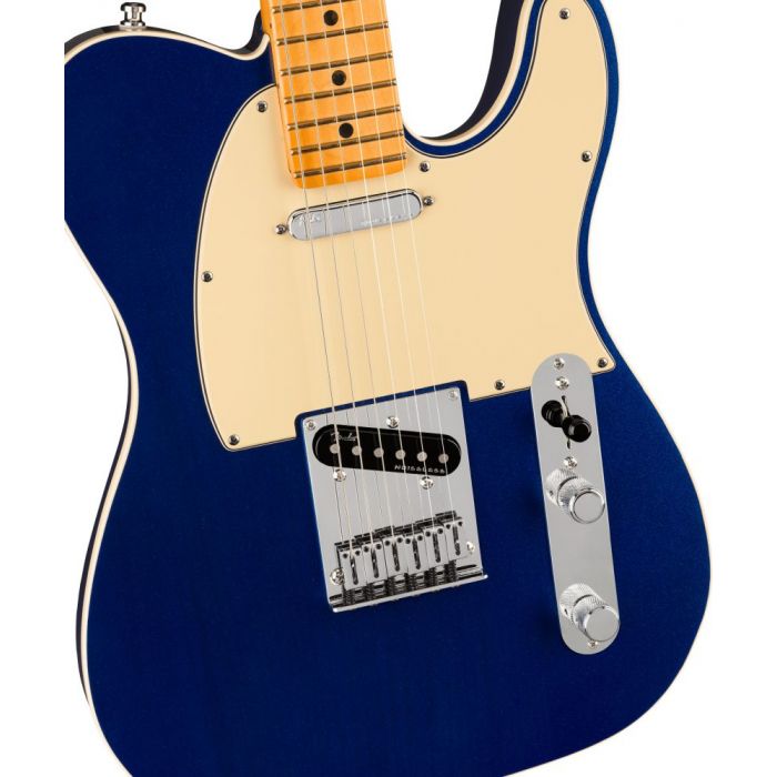 Closeup front view of a Fender American Ultra Telecaster MN Cobra Blue