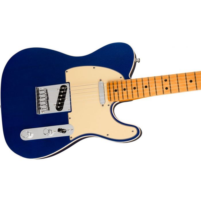 Front angled view of a Fender American Ultra Telecaster MN Cobra Blue