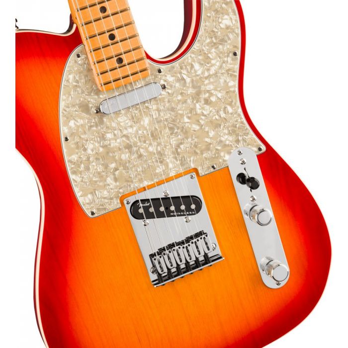Closeup front view of a Fender American Ultra Telecaster MN Plasma Red Burst