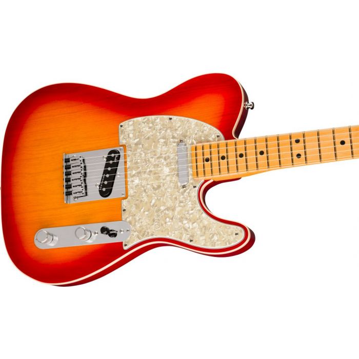 Front angled view of a Fender American Ultra Telecaster MN Plasma Red Burst