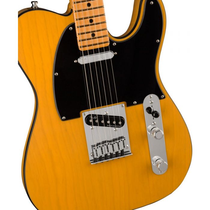 Closeup front view of a Fender American Ultra Telecaster MN Butterscotch Blonde