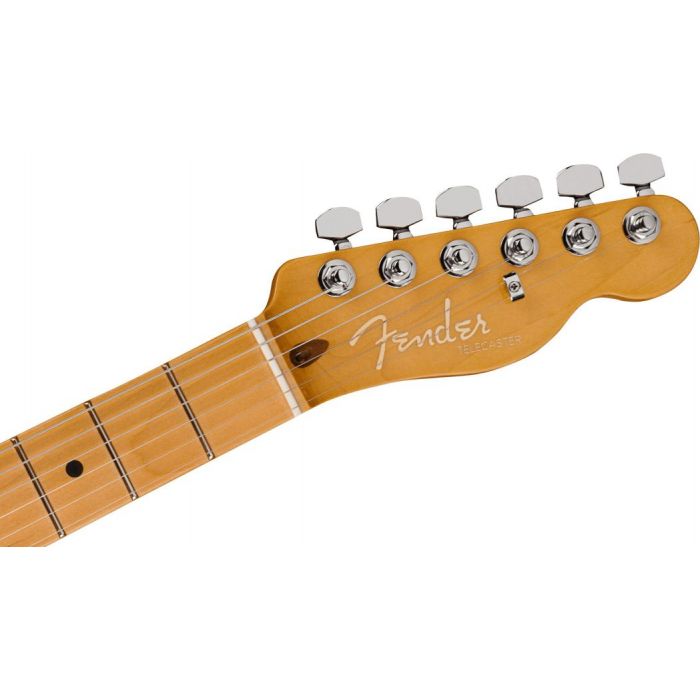 Front closeup view of the headstock on a Fender American Ultra Telecaster MN Butterscotch Blonde