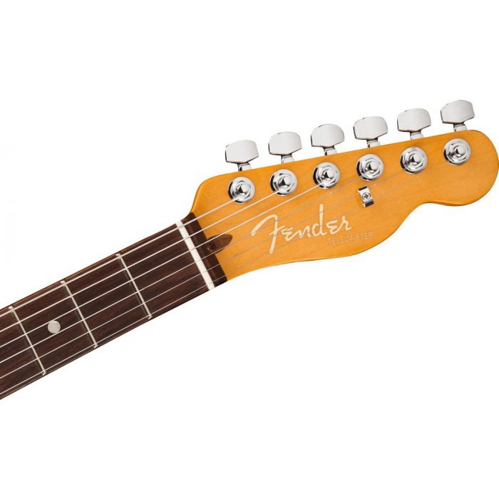 Closeup front view of the headstock on a Fender American Ultra Telecaster RW Texas Tea